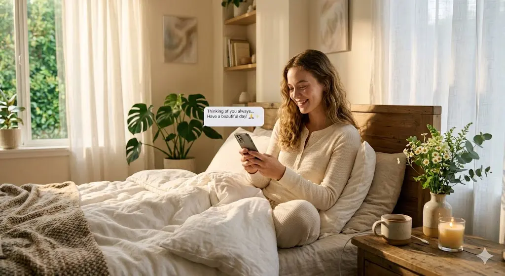 Woman reading a good morning prayer message on her phone — good morning messages prayers for her