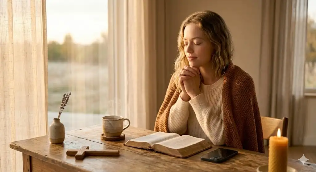 Woman holding phone with a morning prayer message
— long distance good morning prayer messages for her