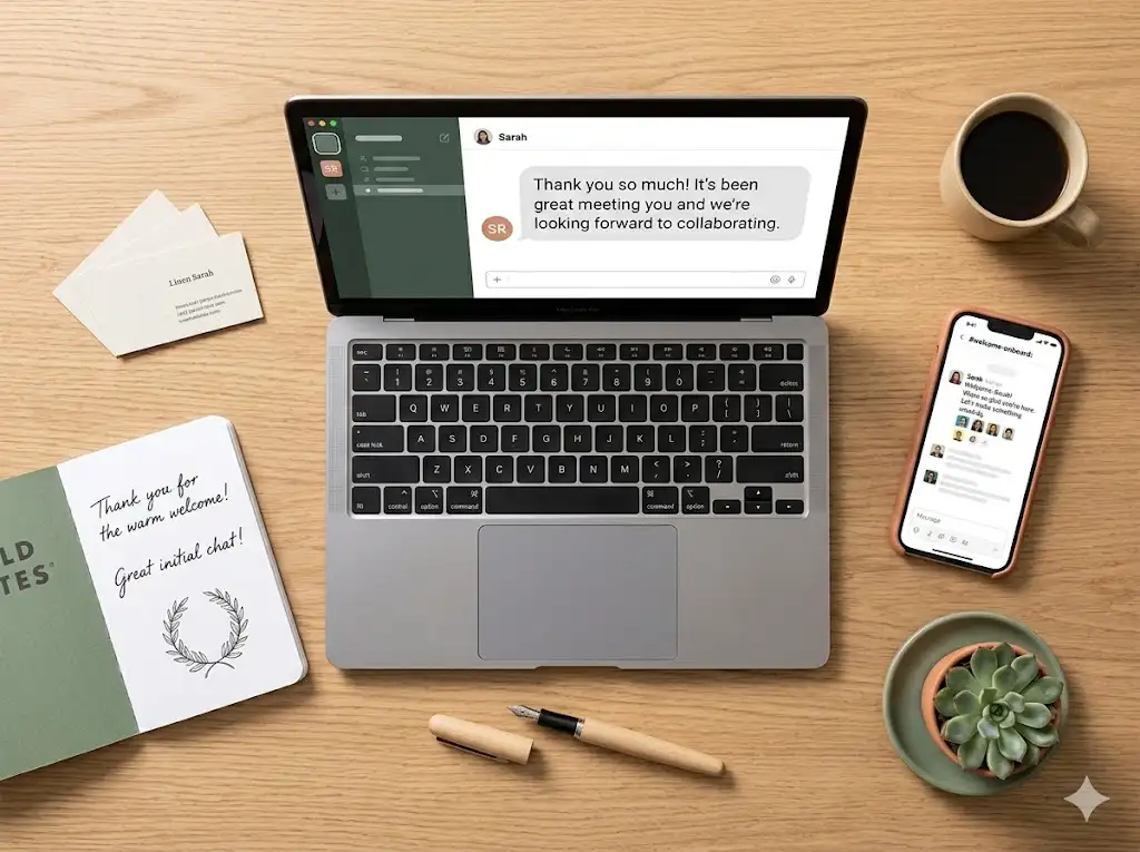 Laptop and notepad showing different ways to send a team welcome thank-you message