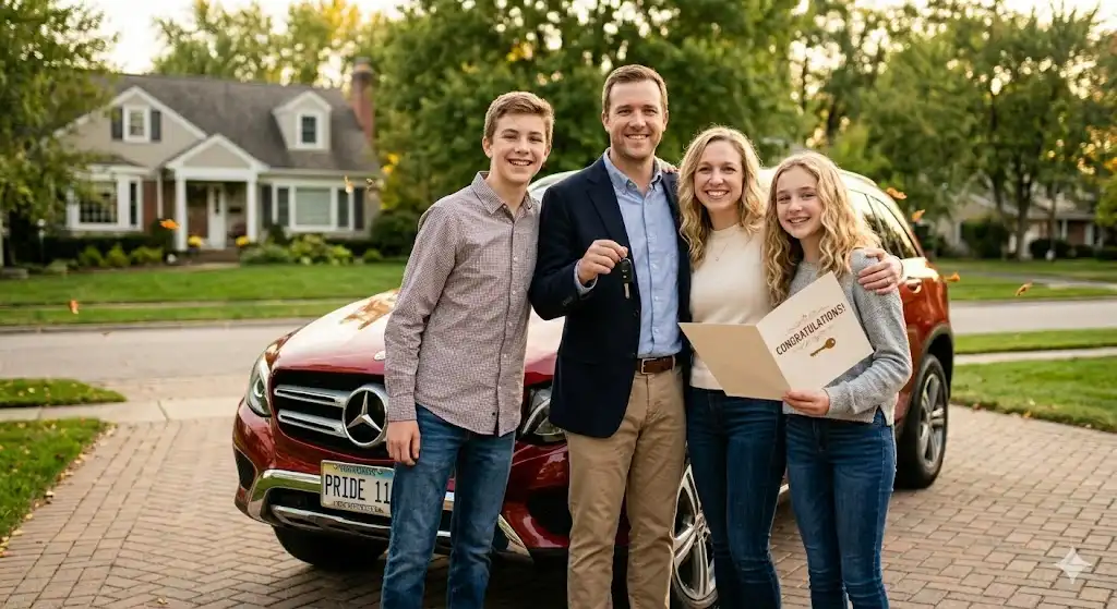 Happy couple standing beside a new car — romantic
congratulations on your new car wishes