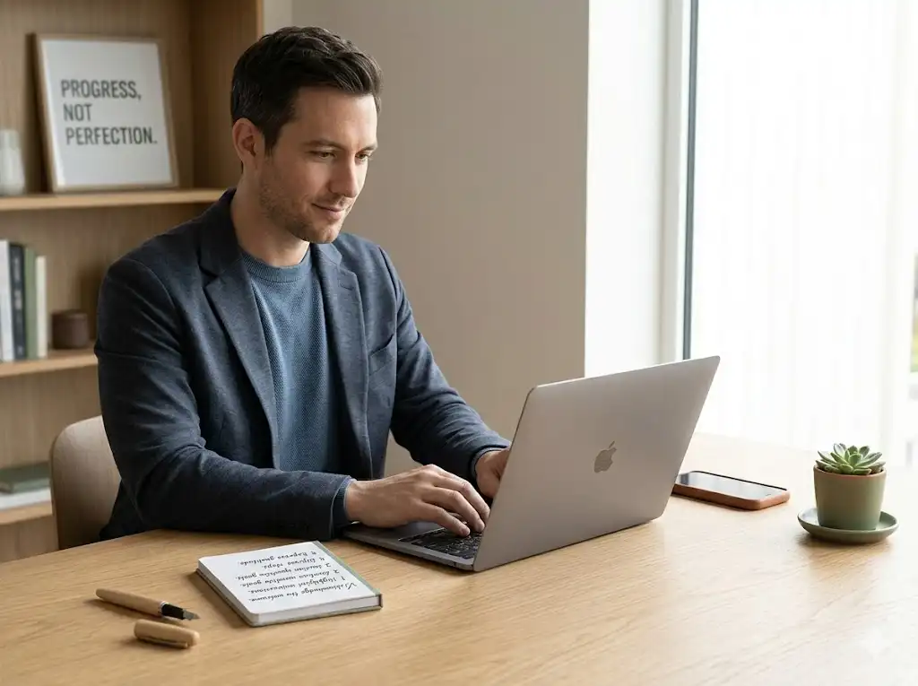 Alt Tag: Professional carefully writing a thank-you email following a step-by-step process
