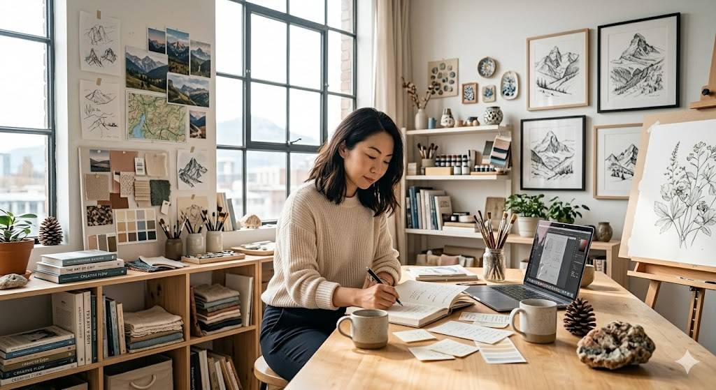 Creative woman working in a bright studio representing independence, ambition, and self-empowerment.
