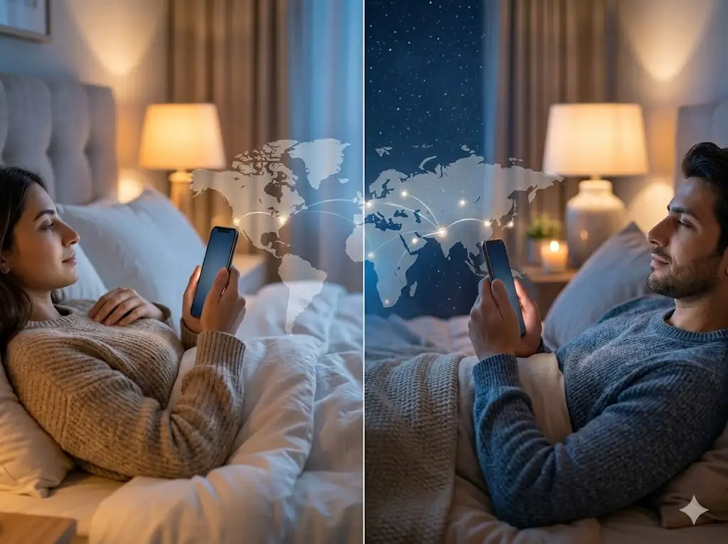 Long distance couple connecting through good evening messages at night