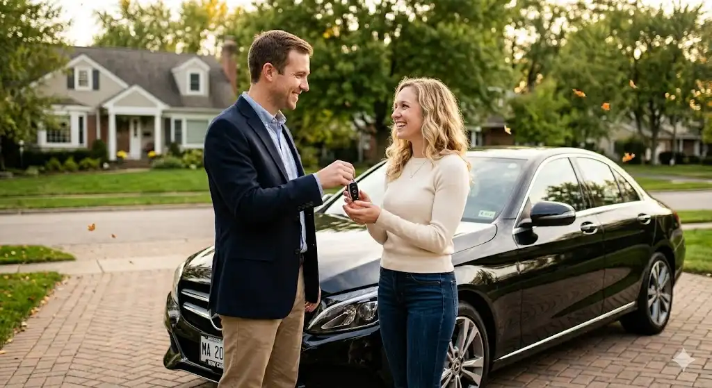 Happy couple standing beside a new car — romantic
congratulations on your new car wishes