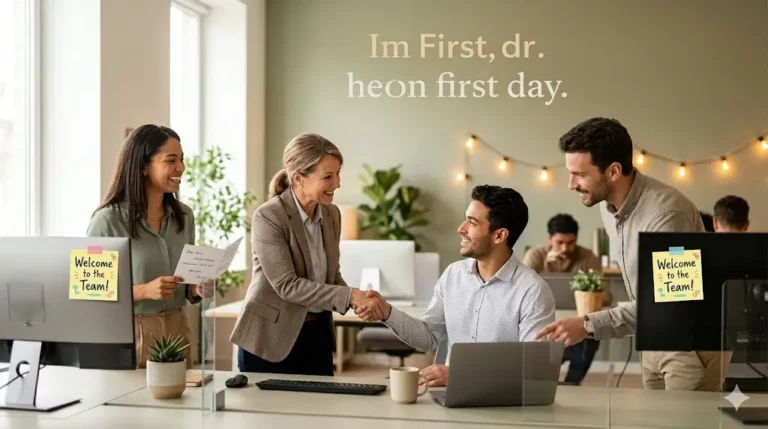 New employee being warmly welcomed by diverse team on first day at office