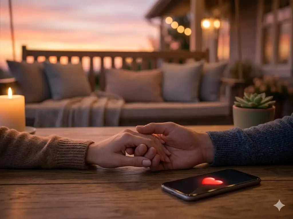 Couple holding hands while sharing a romantic good evening text