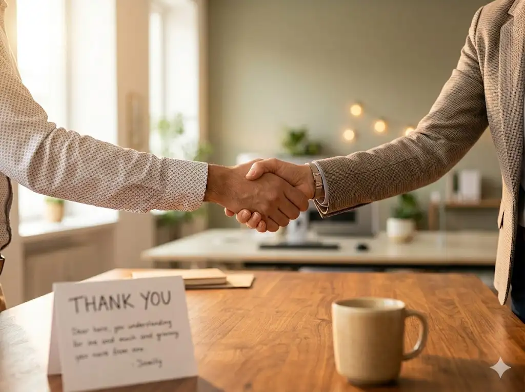Handshake symbolizing gratitude for a warm team welcome at work