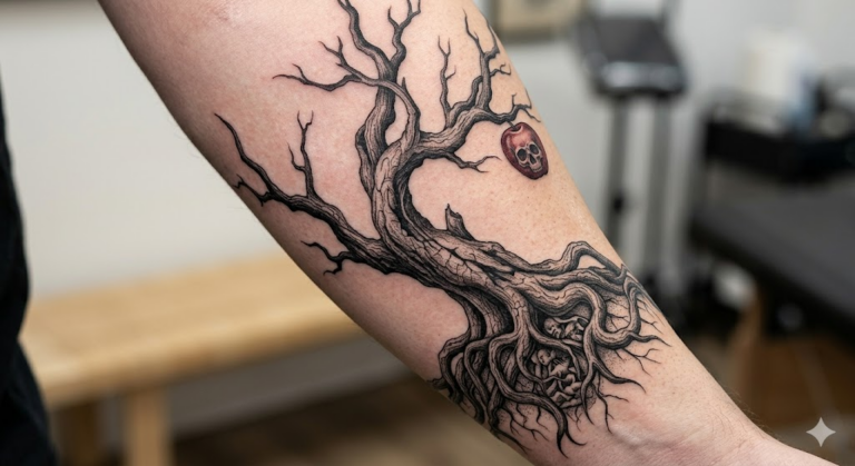 Poison tree tattoo meaning - dark twisted tree with glowing red apple under moonlit sky gothic art