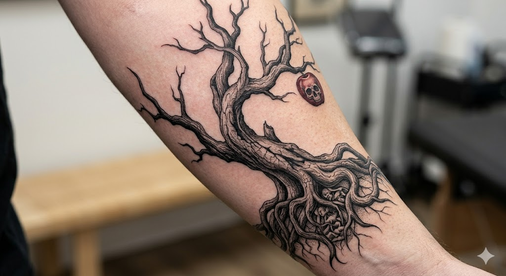 Poison tree tattoo meaning - dark twisted tree with glowing red apple under moonlit sky gothic art