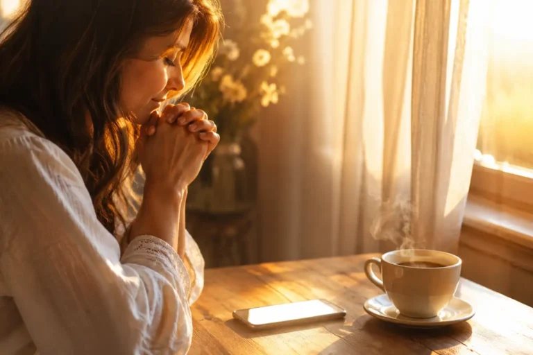 Alt tag: Woman praying by a sunlit window in the morning with a smartphone and coffee cup beside her, representing good morning prayer texts for him