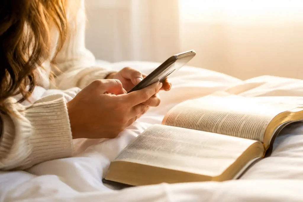 Close-up of a woman's hands typing a good morning prayer text
message on a smartphone beside an open Bible in soft morning light