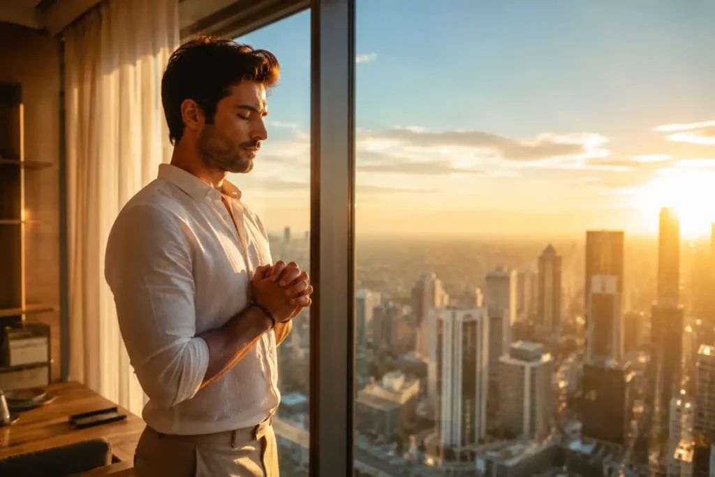 Man standing at a window in early morning light with eyes closed
in prayer, representing powerful good morning prayers for his strength
and success