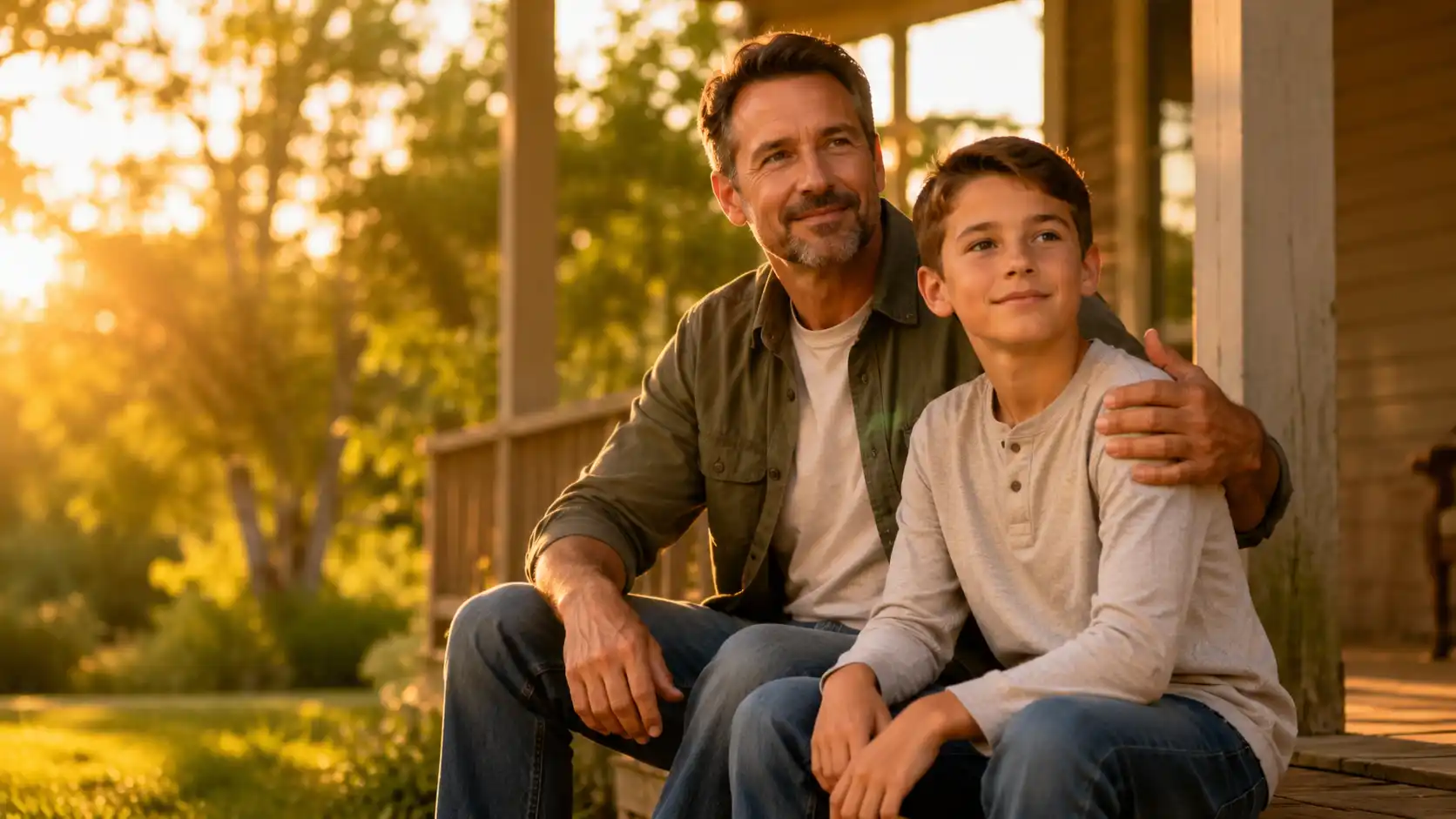 Parent and son sitting together on porch steps sharing an encouraging moment at golden hour