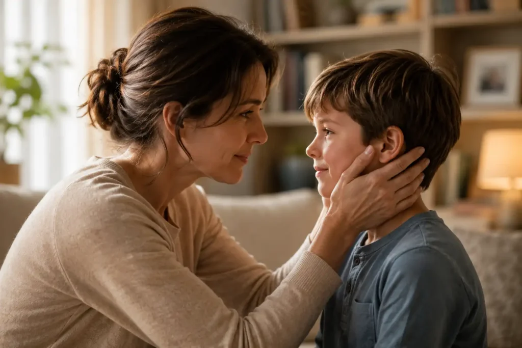 Mother kneeling to eye level with young son offering emotional encouragement and reassurance