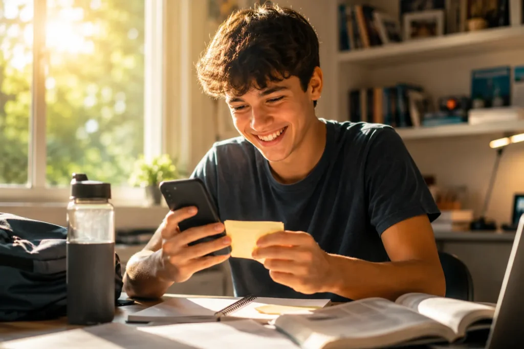 Teenage boy smiling while reading an encouraging message from his parent at his study desk

