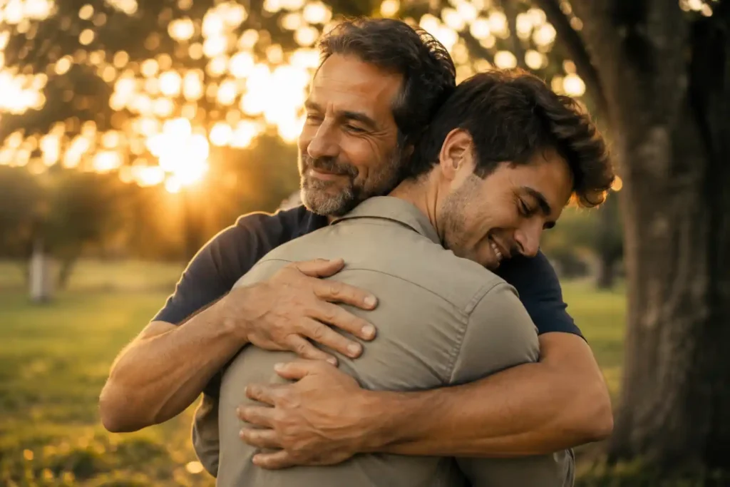 Father and adult son sharing a heartfelt embrace outdoors symbolizing pride and an unbreakable bond