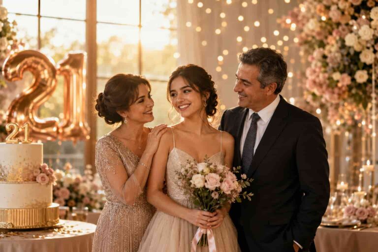 Parents celebrating their daughter's 21st birthday with pride and love during an elegant family gathering.