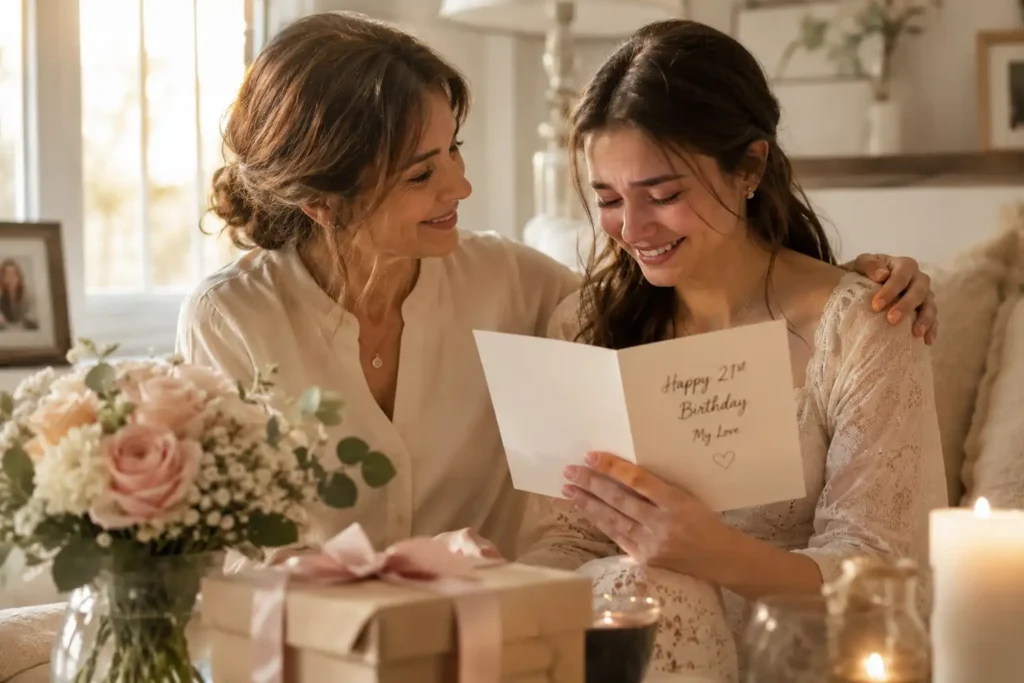 Mother sharing a heartfelt 21st birthday message with her daughter in a warm family setting.