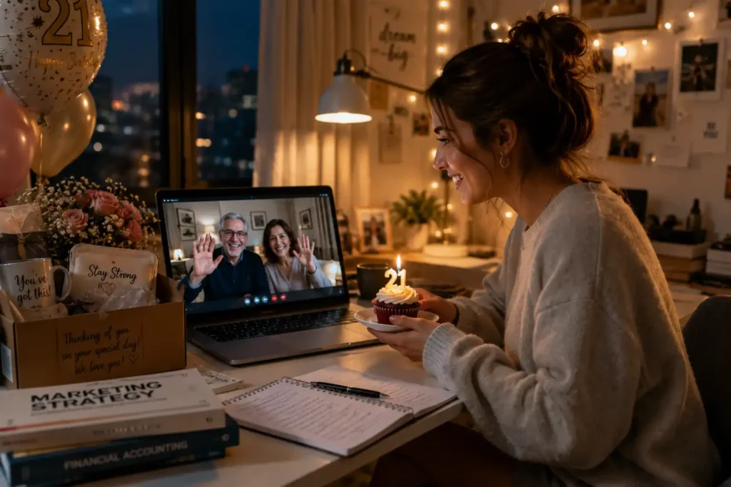 A touching long-distance birthday moment featuring a 21-year-old daughter in a stylish college apartment participating in a video call with her parents displayed on a laptop screen. The daughter smiles warmly while holding a birthday cupcake with a lit candle. On the laptop, her parents appear joyful and loving, raising their hands in celebration from their family home. The room includes subtle birthday decorations, textbooks, fresh flowers, and thoughtful care-package items that convey support despite the distance. Warm ambient lighting enhances the emotional atmosphere. Editorial lifestyle photography style, authentic family storytelling, realistic human expressions, cozy details, cinematic realism, soft depth of field, premium magazine aesthetic, ultra-high resolution.