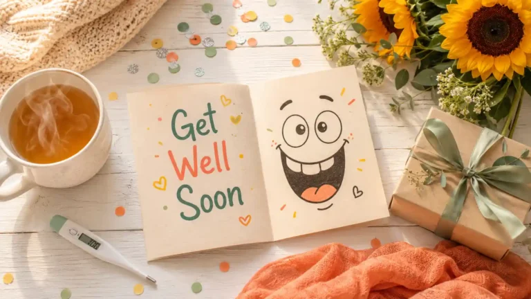 Colorful flat-lay of a funny get well soon card surrounded by sunflowers, tea, and cheerful accessories on a white wooden surface