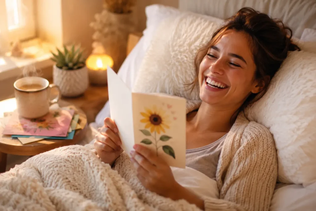 Person laughing while reading a funny get well card in bed with cozy blankets and warm bedside lighting