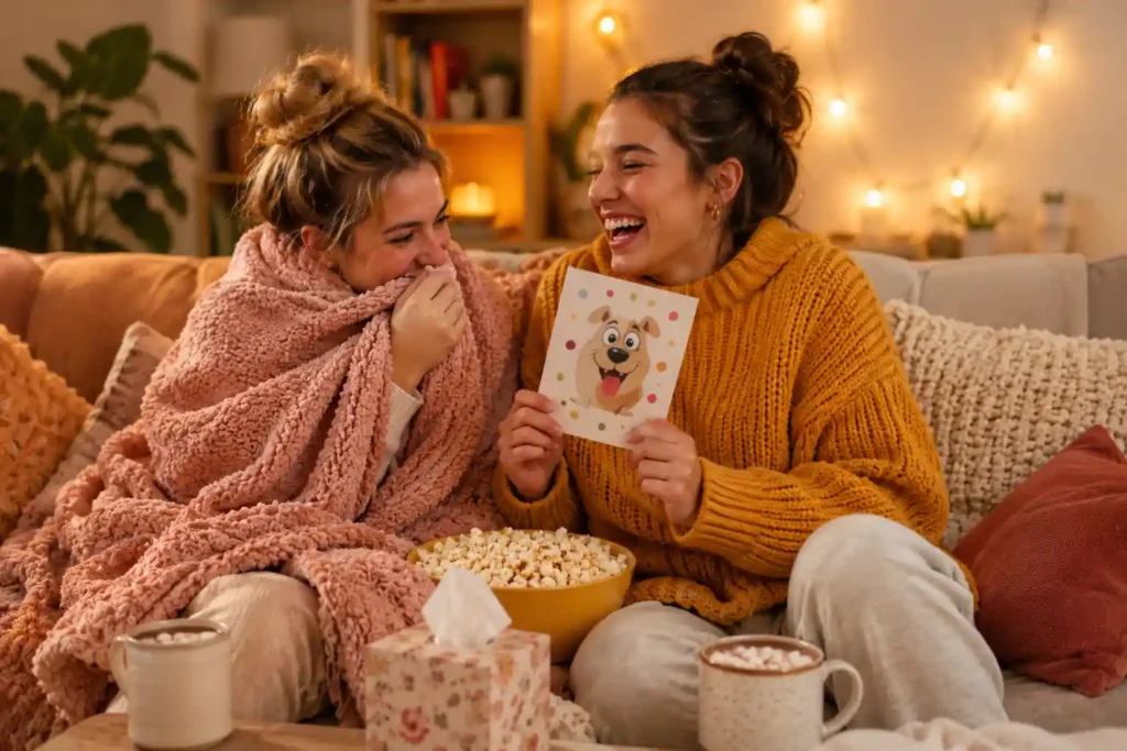 Two friends laughing together on a couch while sharing a funny get well card, surrounded by cozy blankets and hot drinks
