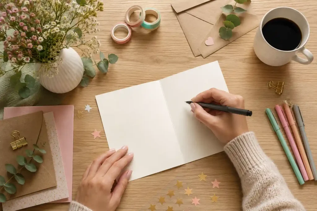 Overhead view of hands writing a funny get well card surrounded by markers, flowers, and stationery on a wooden desk