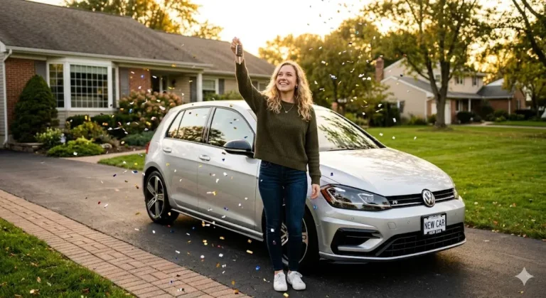 Woman celebrating with car keys next to her new car — congratulations on your new car