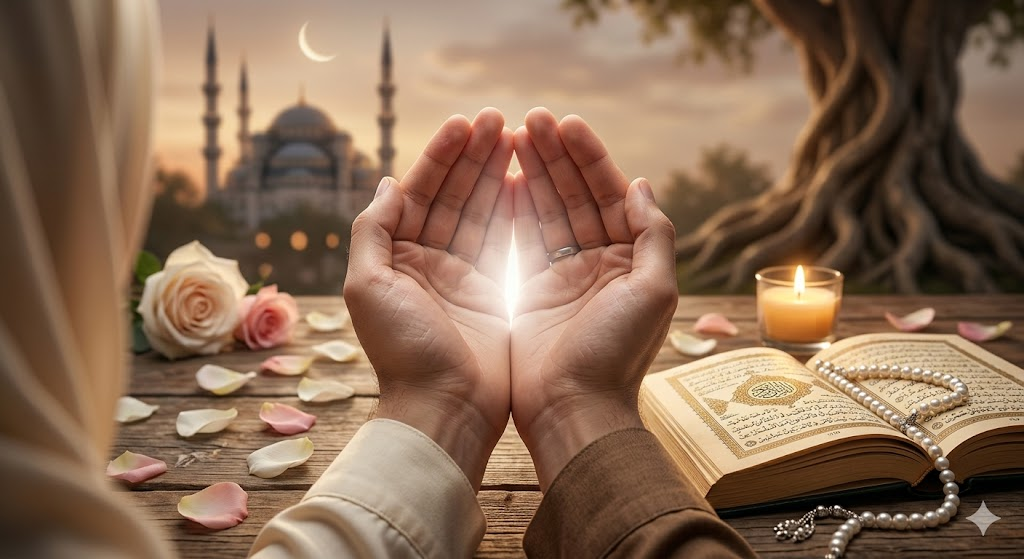 A close-up, hyper-realistic image of two Muslim hands gently