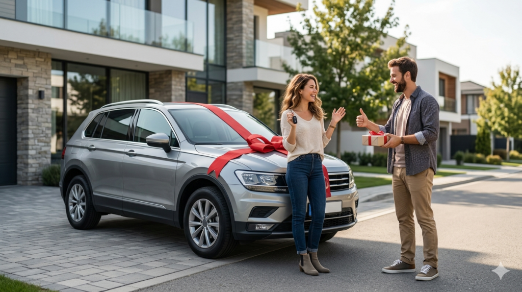 Funny congratulations new car messages - friends laughing and celebrating around shiny new car outdoors