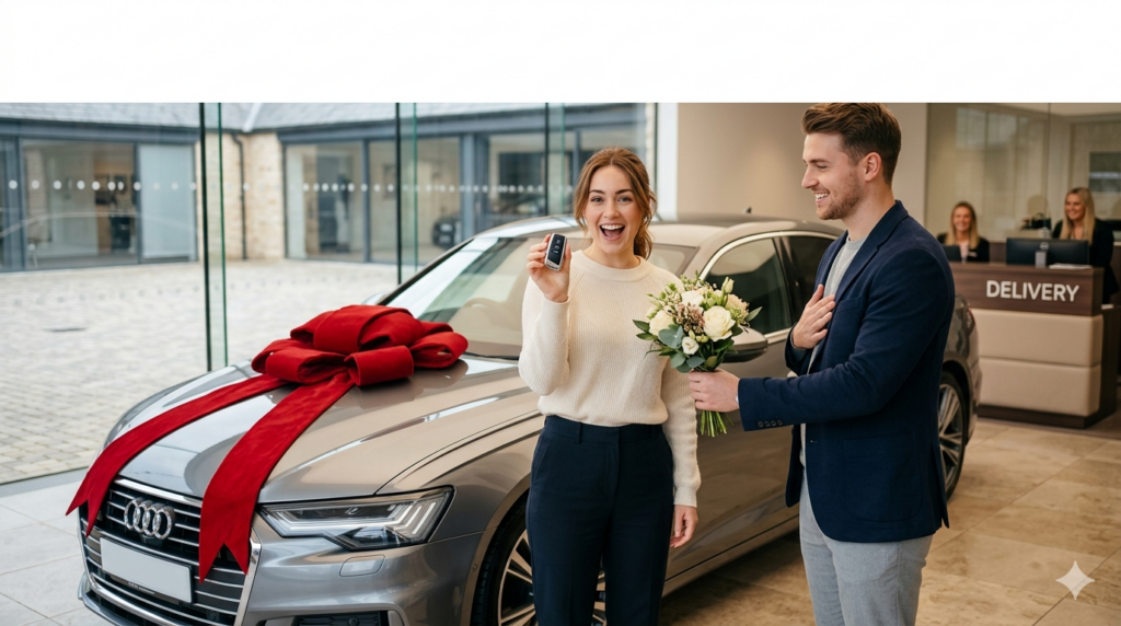 Heartfelt congratulations new car wishes - family celebrating new car purchase in driveway with smiles