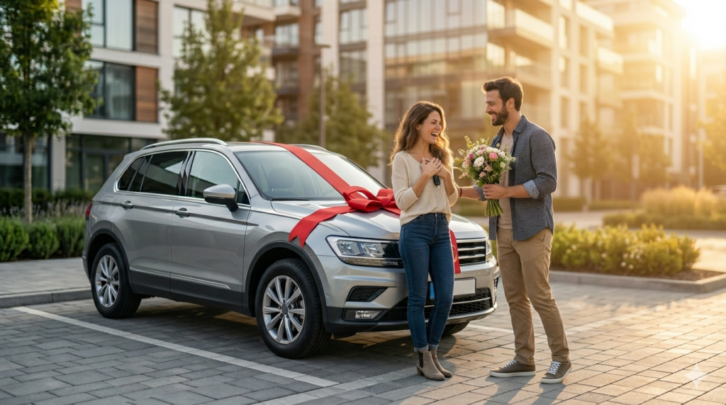 Safe driving wishes for new car owner - scenic open road highway with bright sunshine and clear blue sky