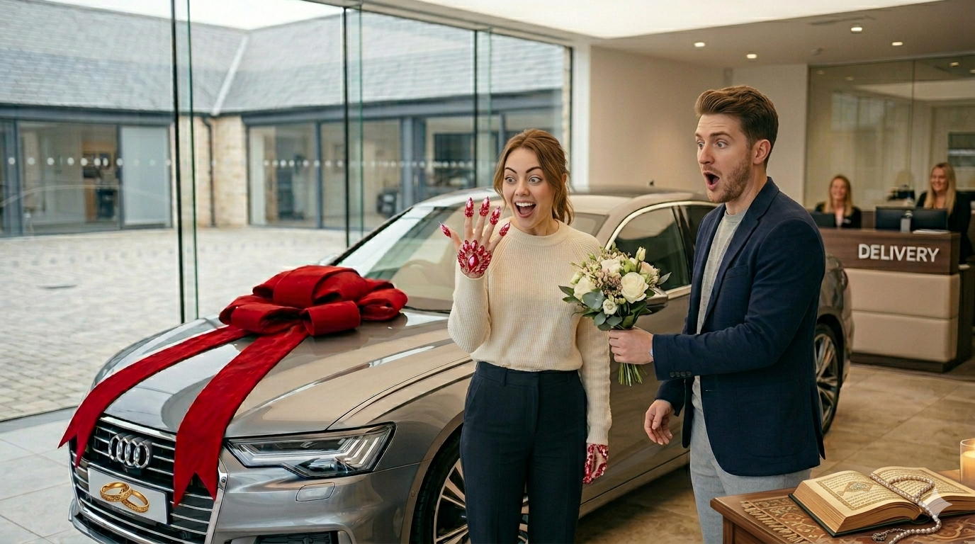 Congratulations for new car wishes - happy person holding new car keys with red bow on luxury car